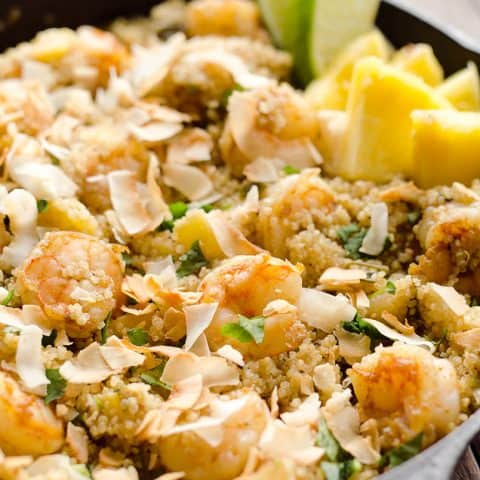 Light Coconut Shrimp & Pineapple Quinoa Skillet is a tropical dinner idea loaded with healthy ingredients. Quinoa, shrimp, pineapple and unsweetened coconut make up this flavorful and delicious dish for a healthy meal everyone will love.