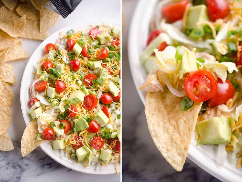 Skinny Taco Dip is a light and zesty appetizer that is a serious crowd-pleaser! This easy snack is lightened up with Greek yogurt, salsa and light cream cheese and topped with healthy avocado, tomatoes and green onions! Serve with your favorite chips for a treat everyone will love.