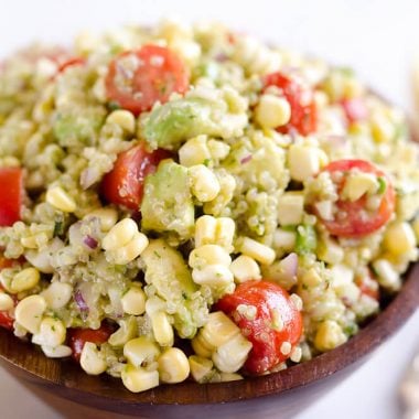 Cilantro Quinoa Corn Salad is a light and refreshing salad perfect for an easy packed lunch or a side salad for a cookout. This salad is a healthy combination of quinoa, corn, avocado and a light Cilantro Lemon dressing with a kick of spice from fresh jalapeños for a dish you will love!