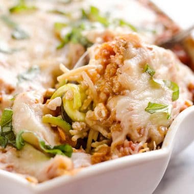 Light Turkey Noodle Casserole is a hearty and healthy dinner idea the whole family will love! All of the traditional flavors of noodle casserole are lightened up with whole wheat spaghetti, zucchini noodles and lean ground turkey.