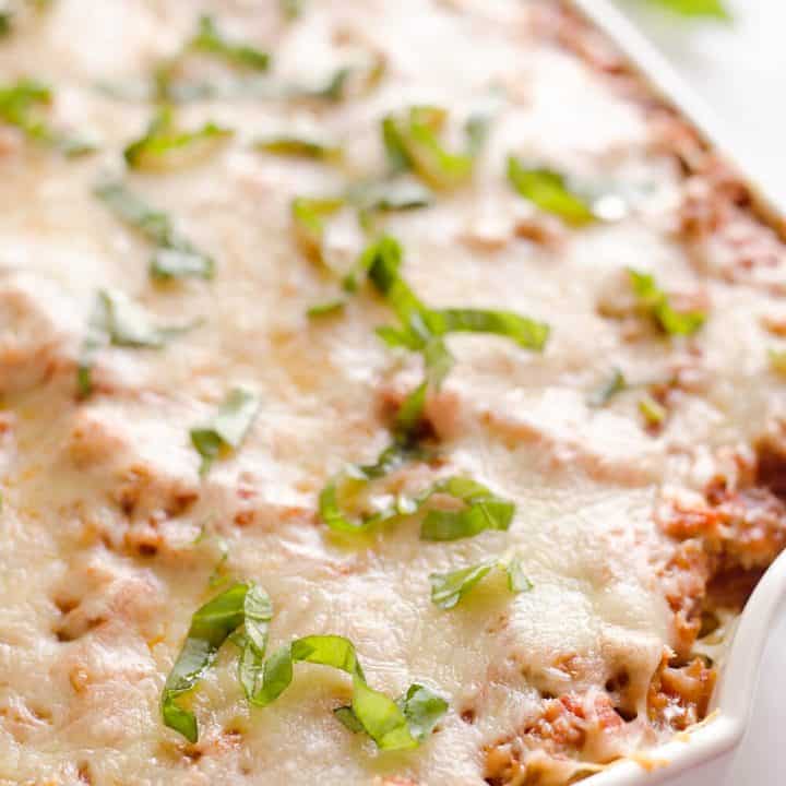 Light Turkey Noodle Casserole is a hearty and healthy dinner idea the whole family will love! All of the traditional flavors of noodle casserole are lightened up with whole wheat spaghetti, zucchini noodles and lean ground turkey.