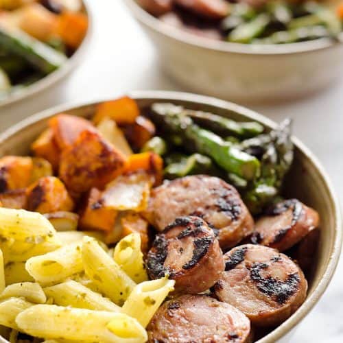 Roasted Veggie & Chicken Sausage Penne Bowls