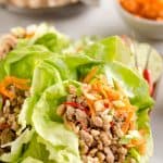 Turkey Thai Peanut Lettuce Wraps are a light and healthy dinner idea packed with filling ground turkey, fresh vegetables and crunch peanuts. This is a dinner idea you can enjoy over and over, it is simply that good!