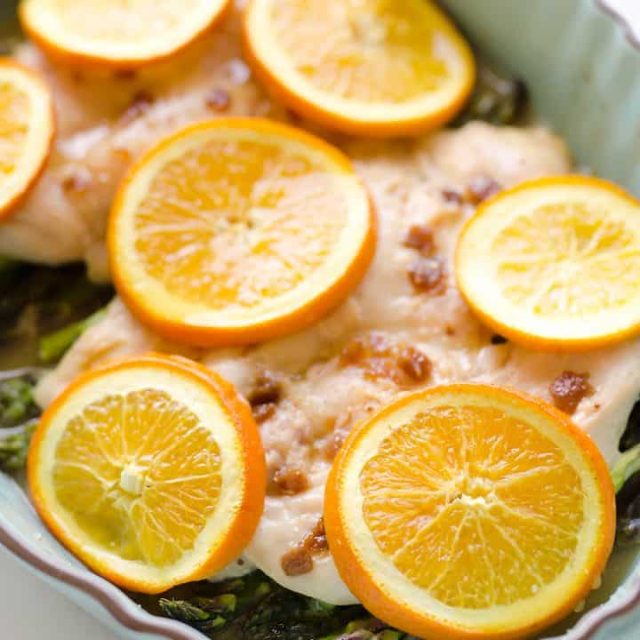 Fig & Orange Chicken Asparagus Bake is an easy and healthy one pot recipe with fresh and flavorful ingredients. Bright citrus flavor and creamy goat cheese compliment the tender chicken breasts and asparagus for a wholesome meal you will love.
