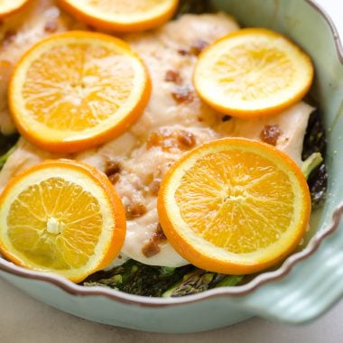 Fig & Orange Chicken Asparagus Bake is an easy and healthy one pot recipe with fresh and flavorful ingredients. Bright citrus flavor and creamy goat cheese compliment the tender chicken breasts and asparagus for a wholesome meal you will love.