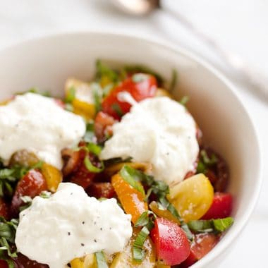 Fresh Tomato Basil & Burrata Salad is a healthy and delicious salad made with simple ingredients for a side dish that pairs well with just about everything!