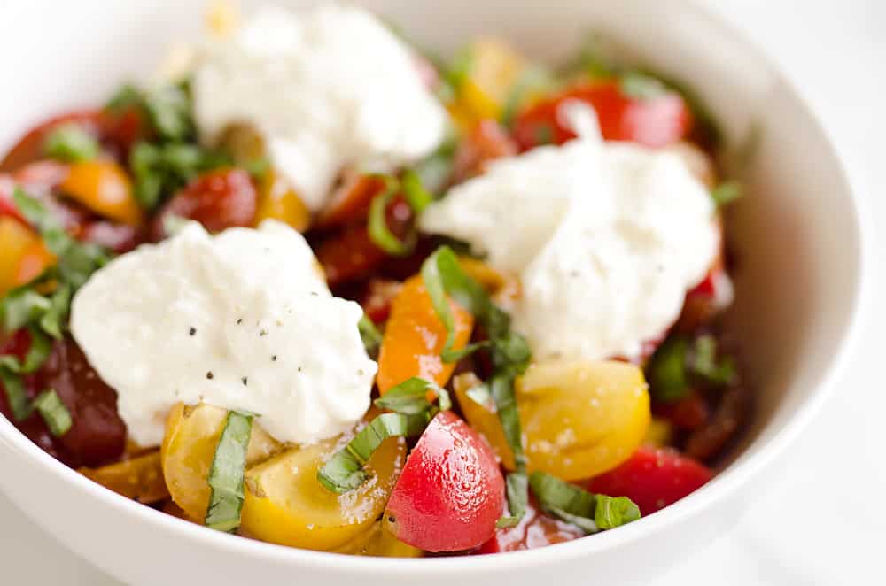 Fresh Tomato Basil & Burrata Salad is a healthy and delicious salad made with simple ingredients for a side dish that pairs well with just about everything!