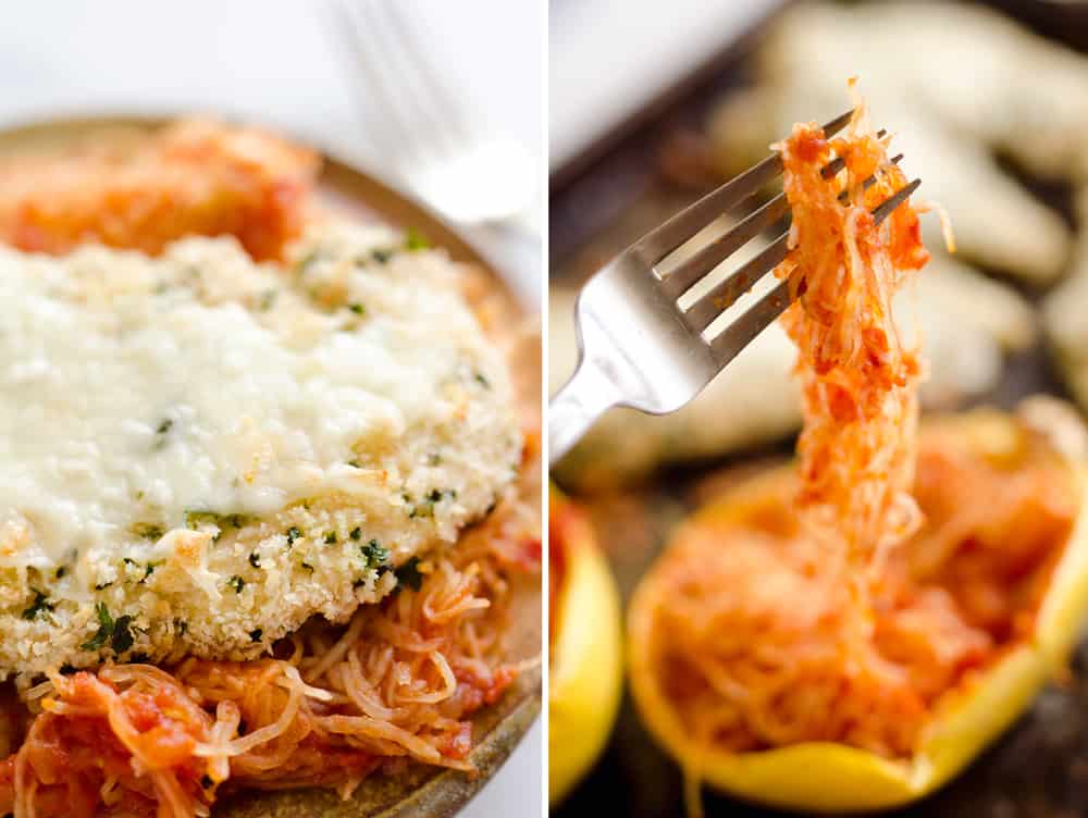 Skinny Spaghetti Squash Chicken Parmesan is a healthy twist on the traditional classic. Lightly breaded chicken breasts are baked and served with low-carb spaghetti squash and marinara sauce for a comforting dinner your family will ask for again and again!