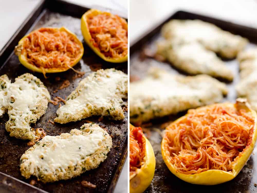 Skinny Spaghetti Squash Chicken Parmesan is a healthy twist on the traditional classic. Lightly breaded chicken breasts are baked and served with low-carb spaghetti squash and marinara sauce for a comforting dinner your family will ask for again and again!