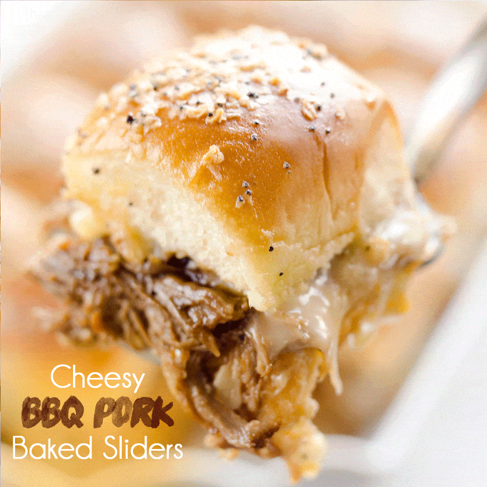 Cheesy BBQ Pork Baked Sliders are and easy family friendly meal you will want to make again and again! Pressure Cooker BBQ Pulled Pork and creamy Havarti cheese is layered on Hawaiian buns and topped with a savory butter sauce for a dinner that is absolutely drool worthy.