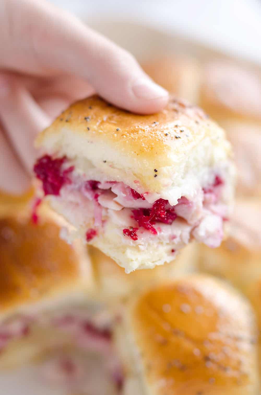 Cheesy Cranberry Turkey Baked Sliders are a quick and easy recipe to use up some of that leftover turkey and cranberries from the holidays! Hawaiian rolls are topped with turkey, cranberries and Havarti cheese and topped with a savory butter sauce for a great dinner after the big meal. 