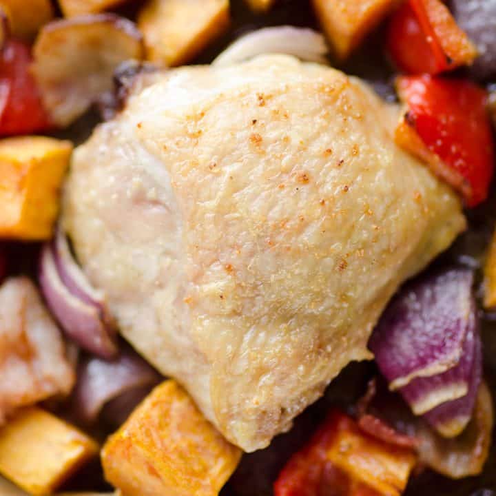 Harvest Chicken Sheet Pan Dinner is an easy and healthy dinner with chicken thighs and roasted vegetables that will come together in no time!