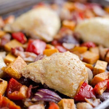 Harvest Chicken Sheet Pan Dinner is an easy and healthy dinner with chicken thighs and roasted vegetables that will come together in no time!
