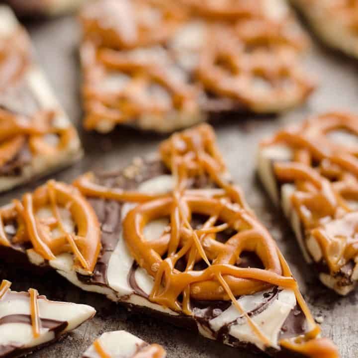 Salted Caramel & Pretzel Chocolate Bark is an easy and delicious sweet & salty dessert to add to your next party snack table! It's perfect for a game day sweet while watching football or a holiday treat.