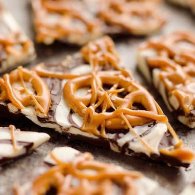 Salted Caramel & Pretzel Chocolate Bark is an easy and delicious sweet & salty dessert to add to your next party snack table! It's perfect for a game day sweet while watching football or a holiday treat.