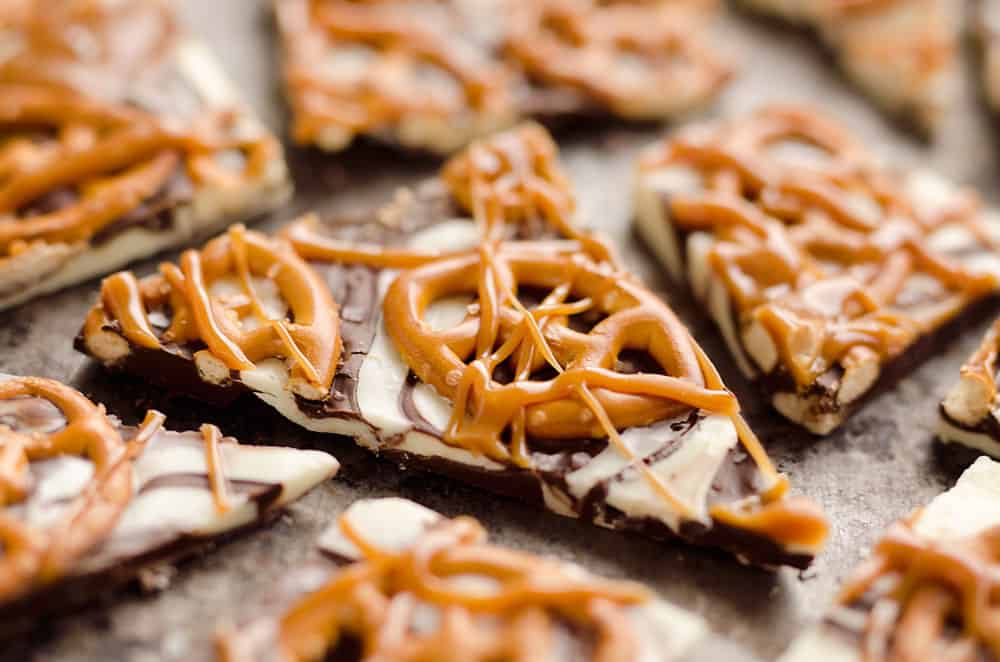 Salted Caramel & Pretzel Chocolate Bark is an easy and delicious sweet & salty dessert to add to your next party snack table! It's perfect for a game day sweet while watching football or a holiday treat. 