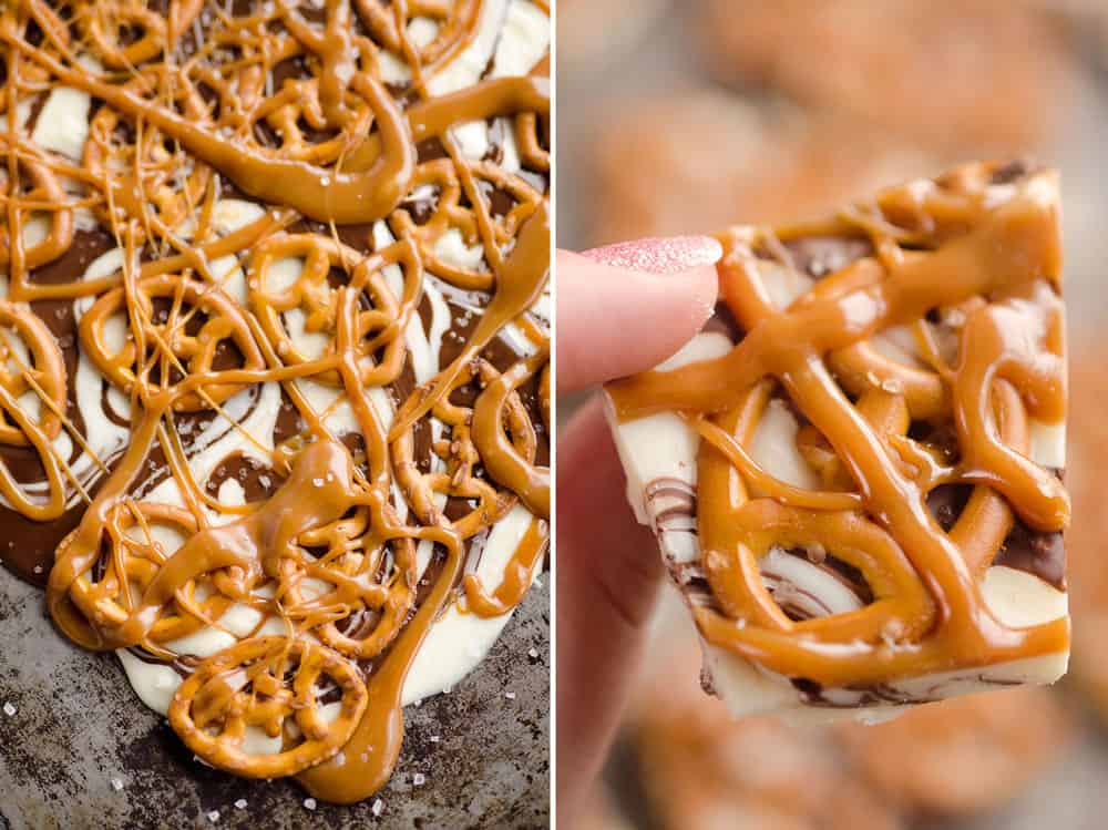 Salted Caramel & Pretzel Chocolate Bark is an easy and delicious sweet & salty dessert to add to your next party snack table! It's perfect for a game day sweet while watching football or a holiday treat. 