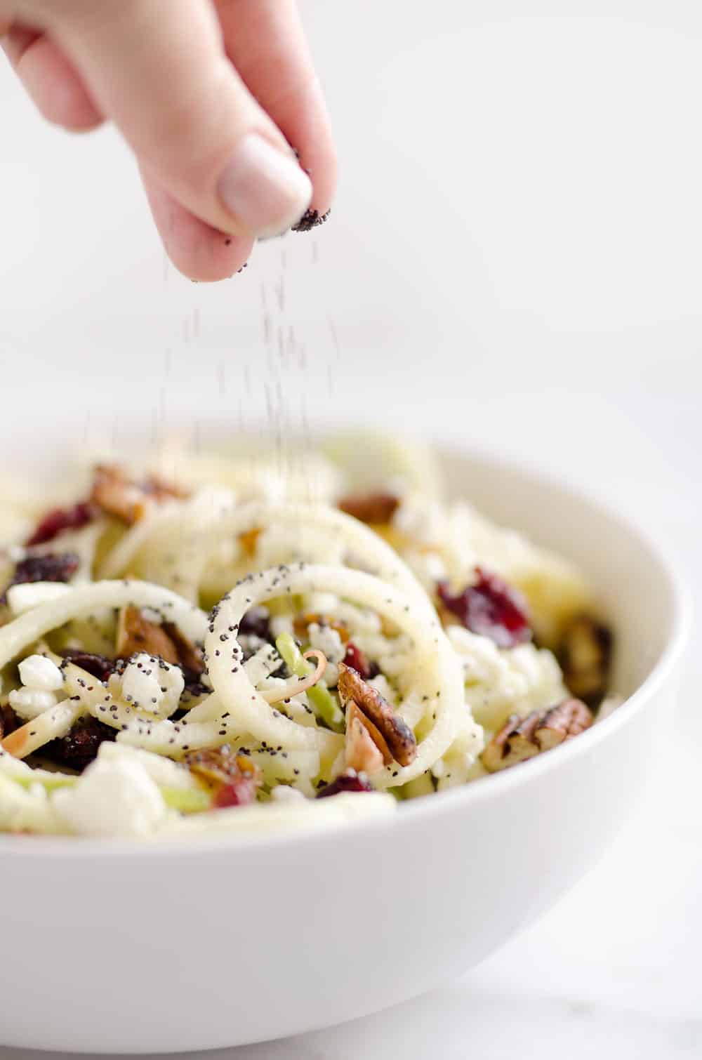 Spiralized Apple Cranberry Salad is an easy and healthy recipe made with crunchy apples, cranberries, pecans and goat cheese all tossed in a light Citrus Poppy Seed Dressing. This salad makes for a a deliciously easy side dish or vegetarian entree you will love!