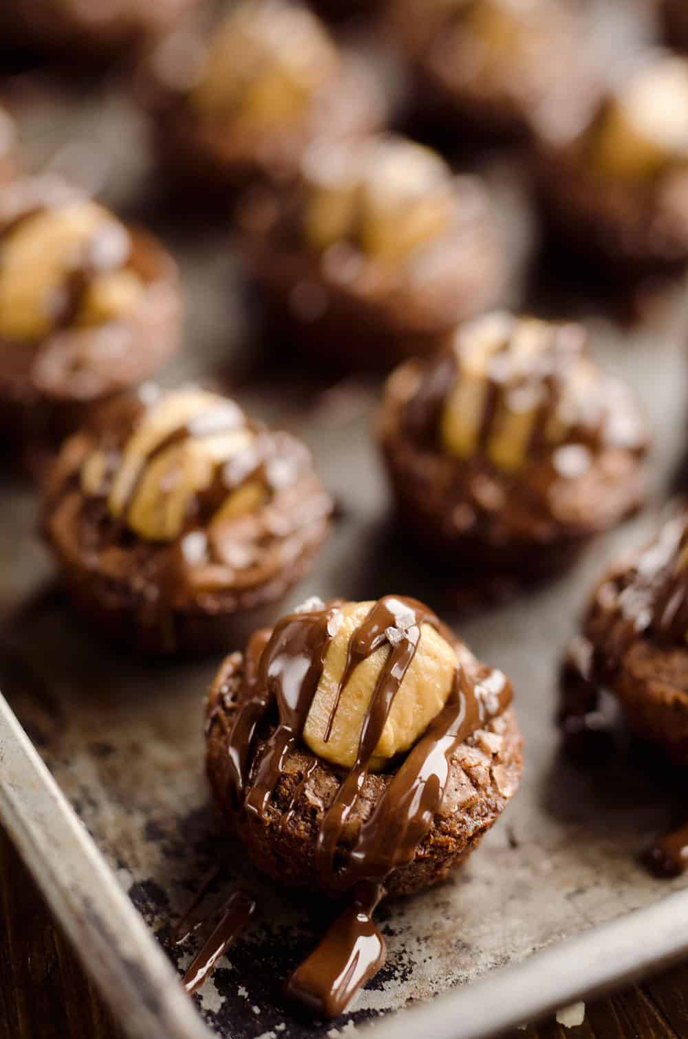 Peanut Butter Buckeye Brownie Cups are the best new dessert recipe you will try! Mini brownies are topped with a Reese's peanut butter filling and drizzled with dark chocolate and sea salt for a spectacular sweet.