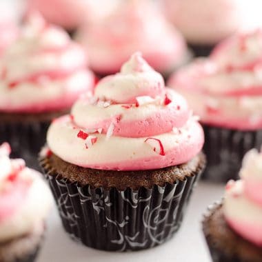 Peppermint Chocolate Candy Cane Cupcakes are a beautifully festive dessert perfect for the holidays! Moist homemade chocolate cupcakes are topped with a candy cane swirl of buttercream and topped with peppermint for a seasonal treat.