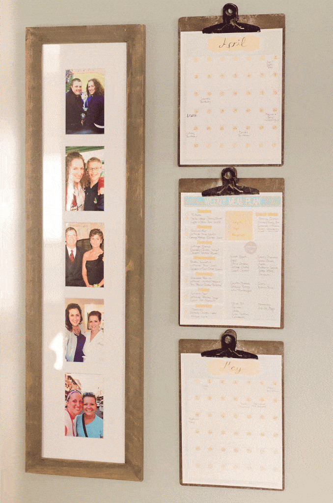 Free Printable Weekly Meal Planner hanging on clip board with photos