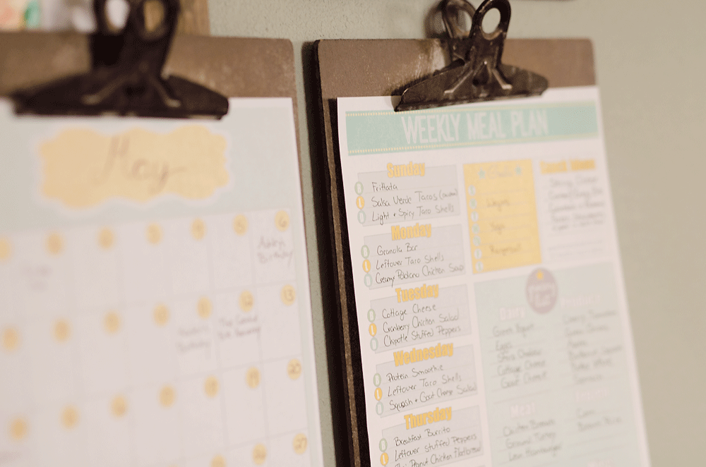 Weekly Meal Planner & Calendar hanging on clip boards