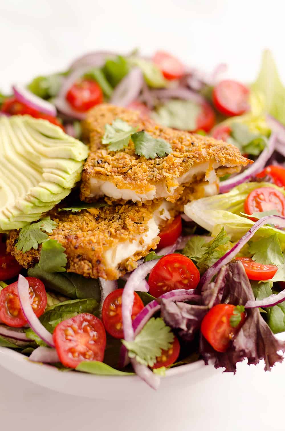 Southwest Tortilla Crusted Tilapia Salad is an easy and healthy dinner idea with a bed of mixed greens topped with tomatoes, avocado, red onion, Tortilla Crusted Tilapia and a homemade Chipotle Lime Dressing. 