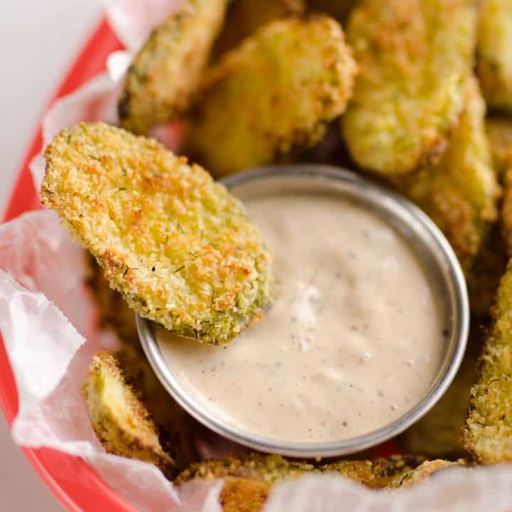 Airfryer Parmesan Dill Fried Pickle Chips are a quick and easy appetizer made extra crunchy in your Airfryer without all the fat from oil. This low-fat snack is sure to satisfy your craving for something salty!