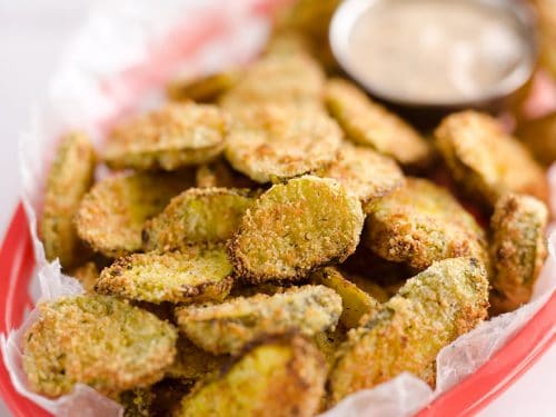 Airfryer Parmesan Dill Fried Pickle Chips are a quick and easy appetizer made extra crunchy in your Airfryer without all the fat from oil. This low-fat snack is sure to satisfy your craving for something salty!