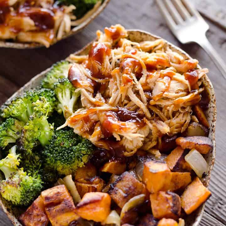 BBQ Chicken & Roasted Sweet Potato Bowls are a hearty and healthy dinner idea bursting with bold flavors and nutritious vegetables. This easy recipe is perfect for meal prepping lunches for work or a quick weeknight meal.