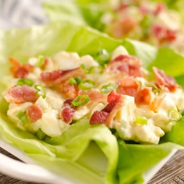 Light Bacon Egg Salad Lettuce Cups are an easy and healthy low-carb lunch idea made with Greek yogurt and topped with crispy bacon for amazing flavor!