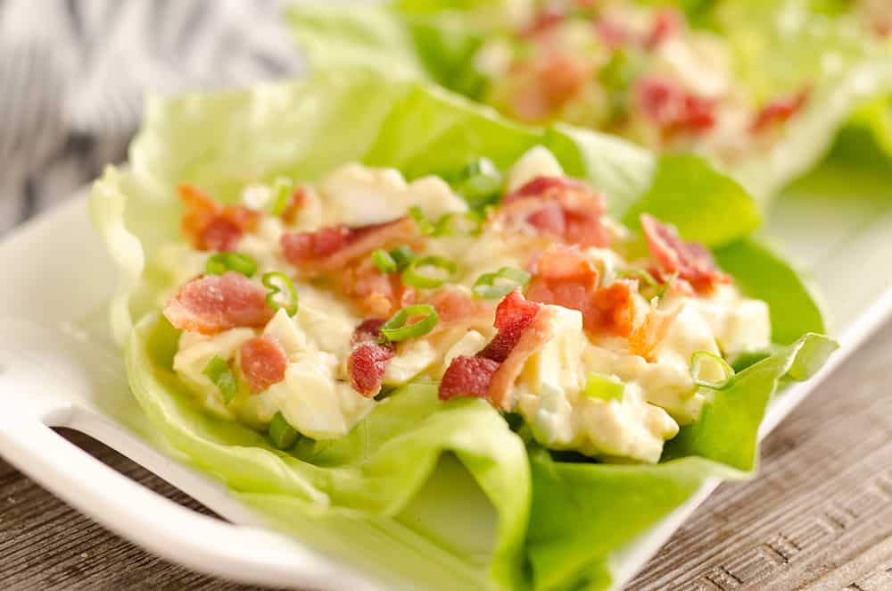 Light Bacon Egg Salad Lettuce Cups are an easy and healthy low-carb lunch idea made with Greek yogurt and topped with crispy bacon for amazing flavor!