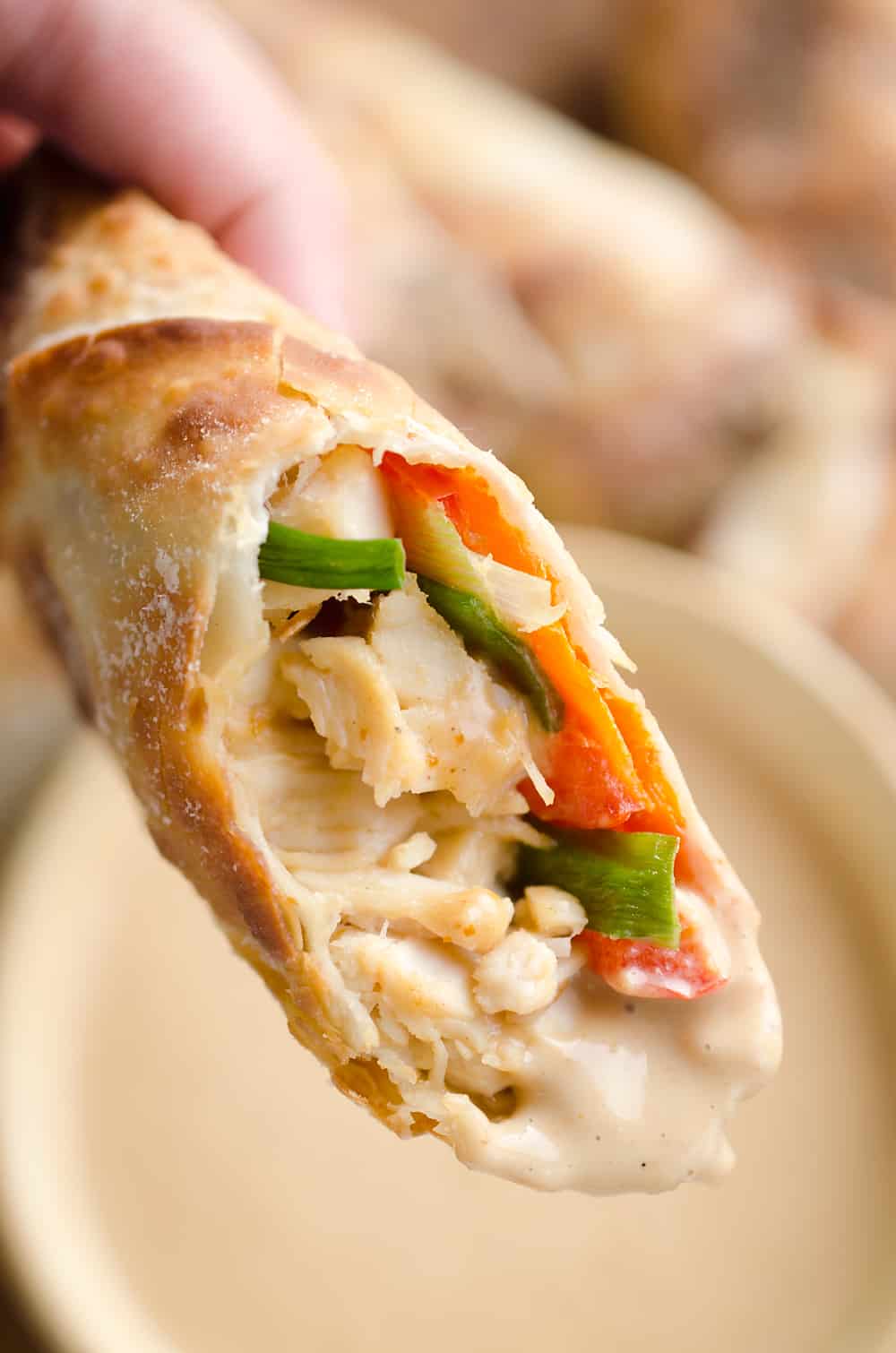 Airfryer Baked Thai Peanut Chicken Egg Rolls are a light and healthy recipe made in your Airfryer or oven. Chicken is tossed with creamy Thai peanut sauce, carrots, red peppers and green onions and rolled in crispy egg roll wrappers for a flavorful dinner you can make in just 20 minutes.