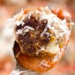 Provolone Stuffed Pesto Meatball Skillet is a hearty dinner made with classic Italian flavors. Provolone cheese is stuffed inside lean hamburger and simmered in marinara for a healthy dinner idea the whole family will love.