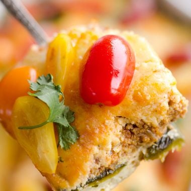 Roasted Poblano & Chorizo Egg Casserole is a low-carb breakfast recipe perfect for brunch or dinner! Fire roasted peppers are layered with spicy Chorizo and Mexican cheeses for a healthy egg bake bursting with bold flavors.