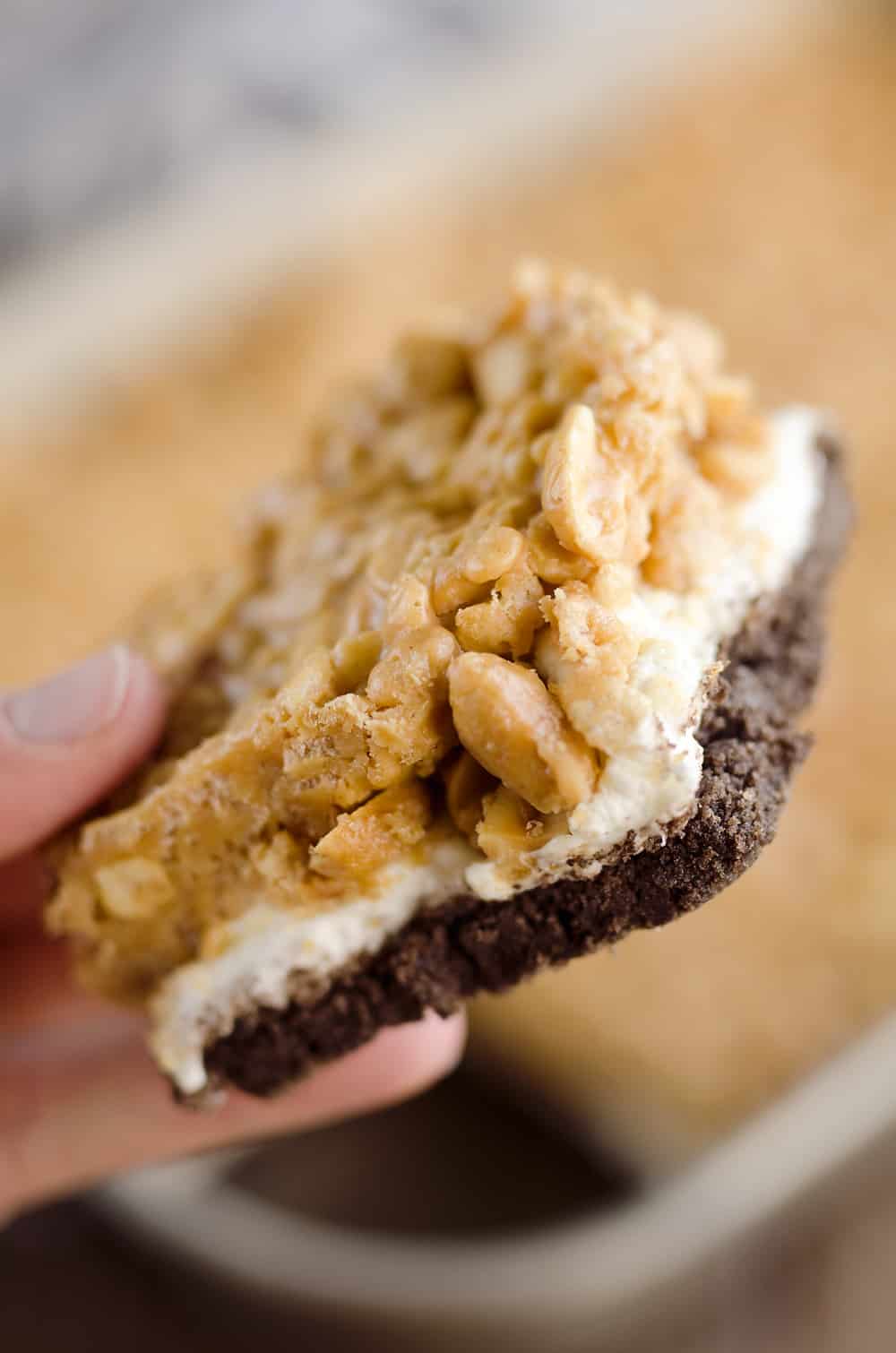 Crunchy Peanut Butter Marshmallow Bars are a sweet and salty dessert everyone will love! A chocolate crust is topped with marshmallows and a crunchy peanut butter and rice crispie mixture for a delicious treat. 