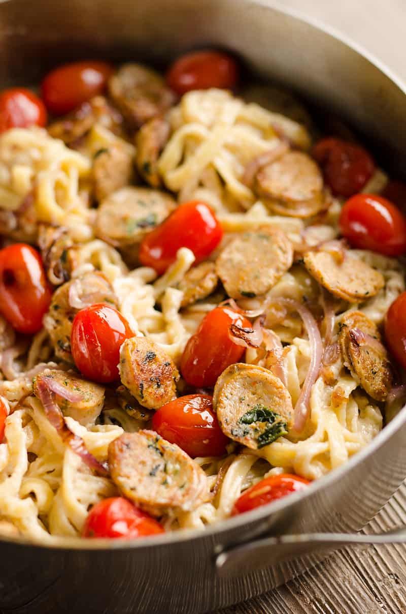 Chicken Sausage Fettuccine Alfredo in Skillet