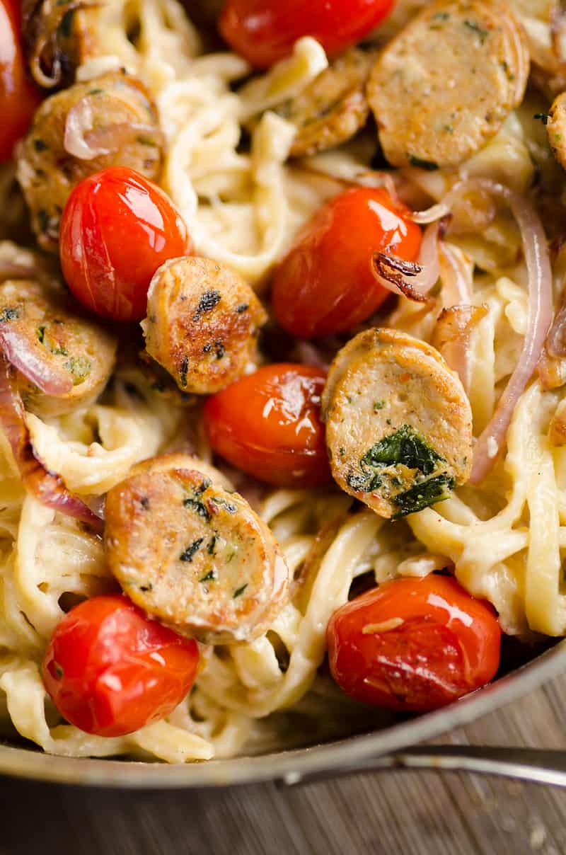 Chicken Sausage Fettuccine Alfredo Close Up