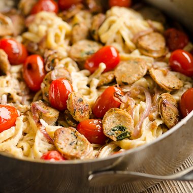 Chicken Sausage Fettuccine Alfredo serving