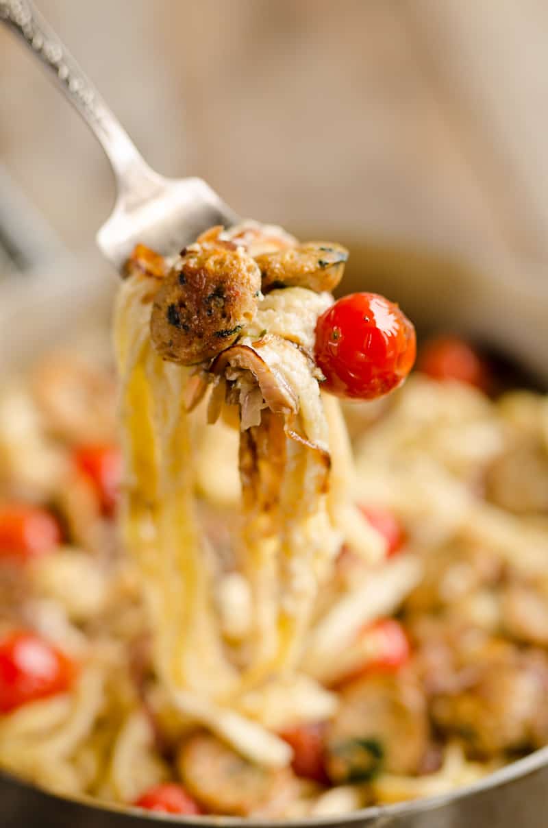 Chicken Sausage Fettuccine Alfredo on fork