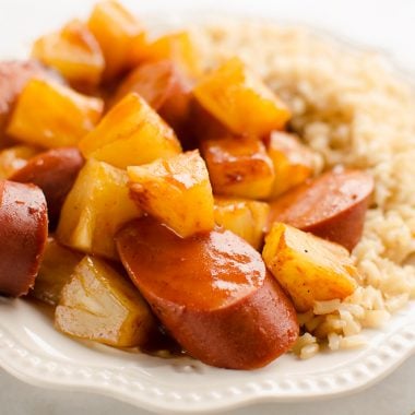 Crock Pot BBQ Turkey Kielbasa & Pineapple plate