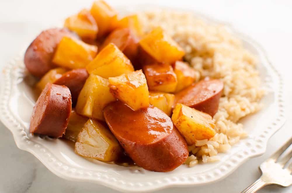 Crock Pot BBQ Turkey Kielbasa & Pineapple plate