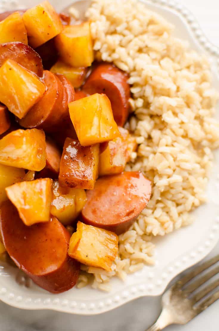 Crock Pot BBQ Turkey Kielbasa & Pineapple {Slow Cooker}