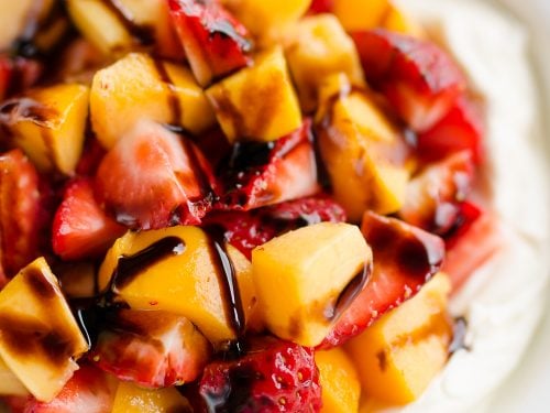 Plate of Whipped Honey Goat Cheese Dip with Balsamic Fruit