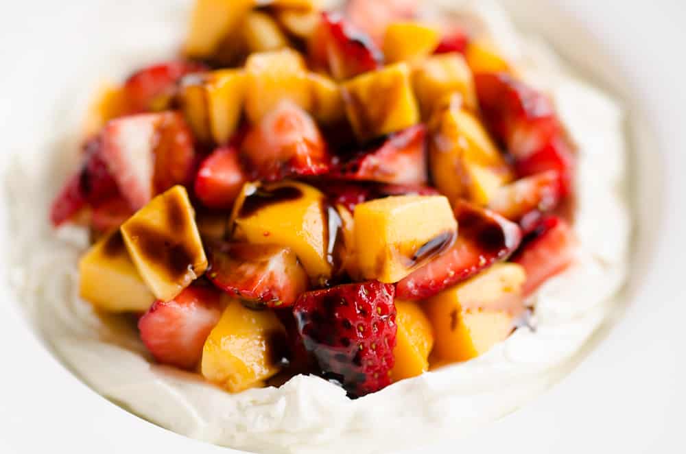 Close up of Whipped Honey Goat Cheese Dip with Balsamic Fruit 