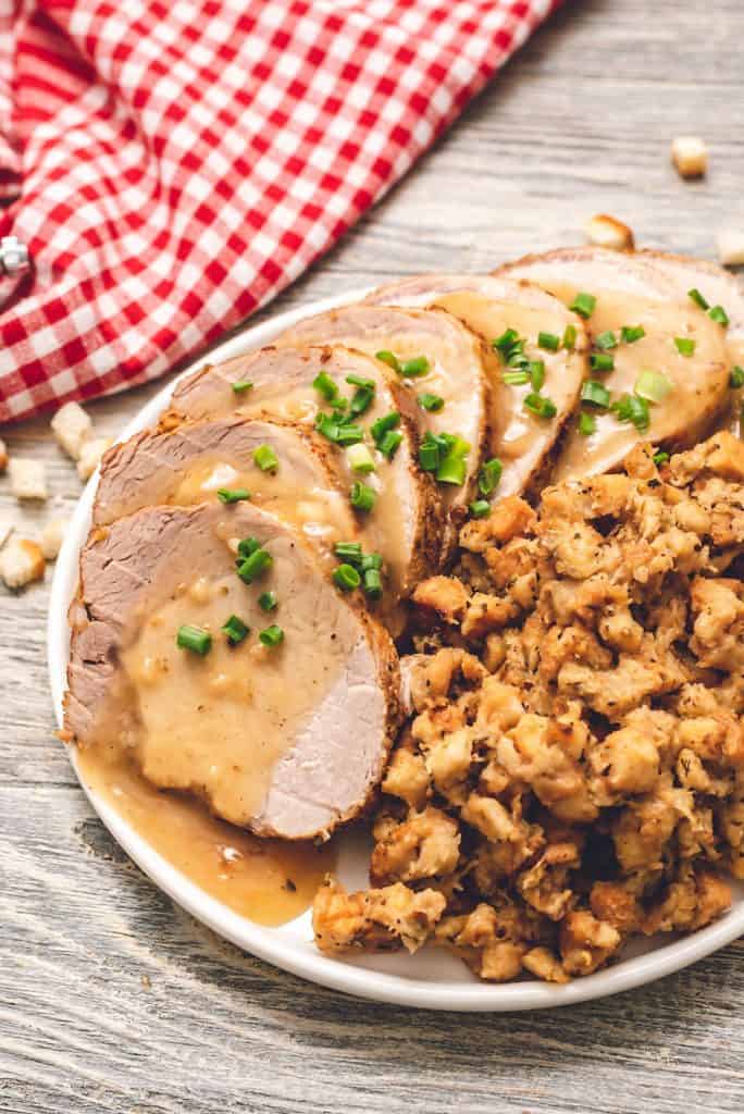 Pressure Cooker Pork Loin, Stuffing & Gravy on plate