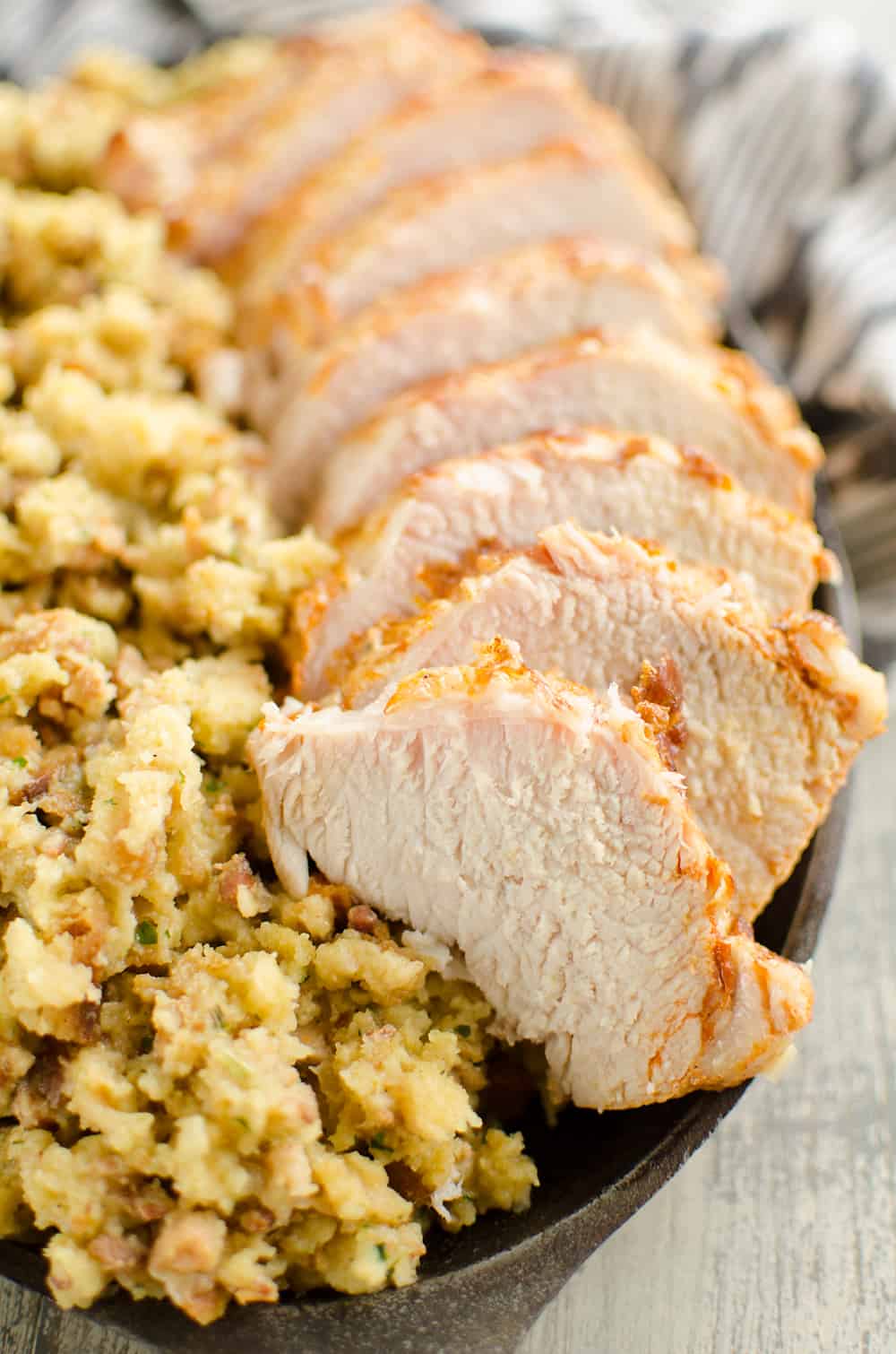 Pressure Cooker Pork Loin, Stuffing & Gravy in pan