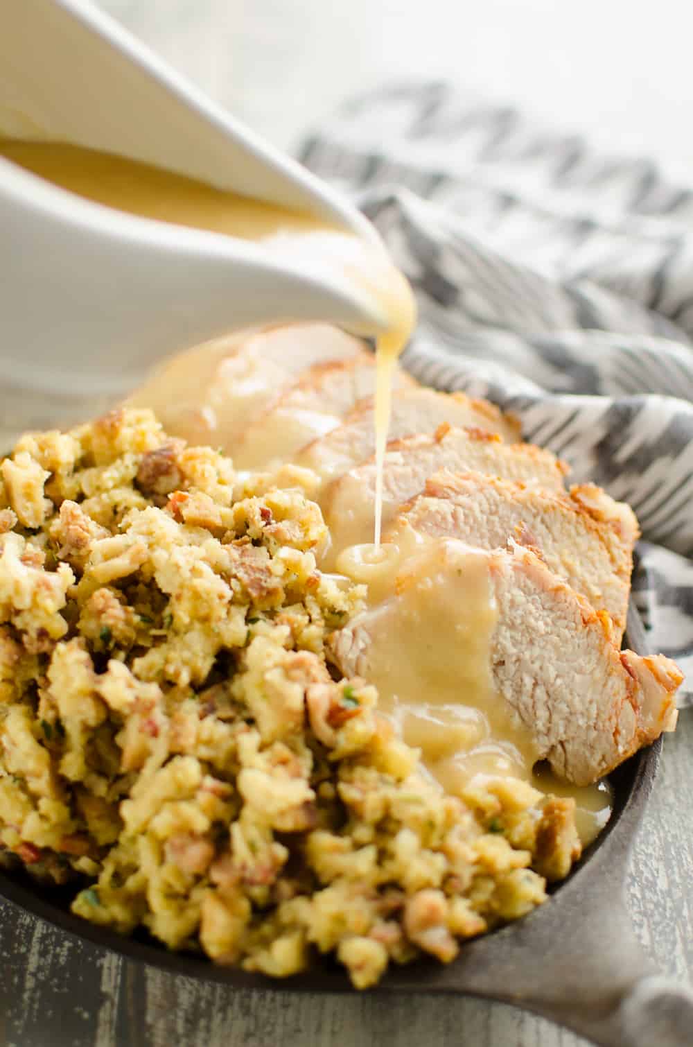 Pressure Cooker Pork Loin, Stuffing & Gravy pouring