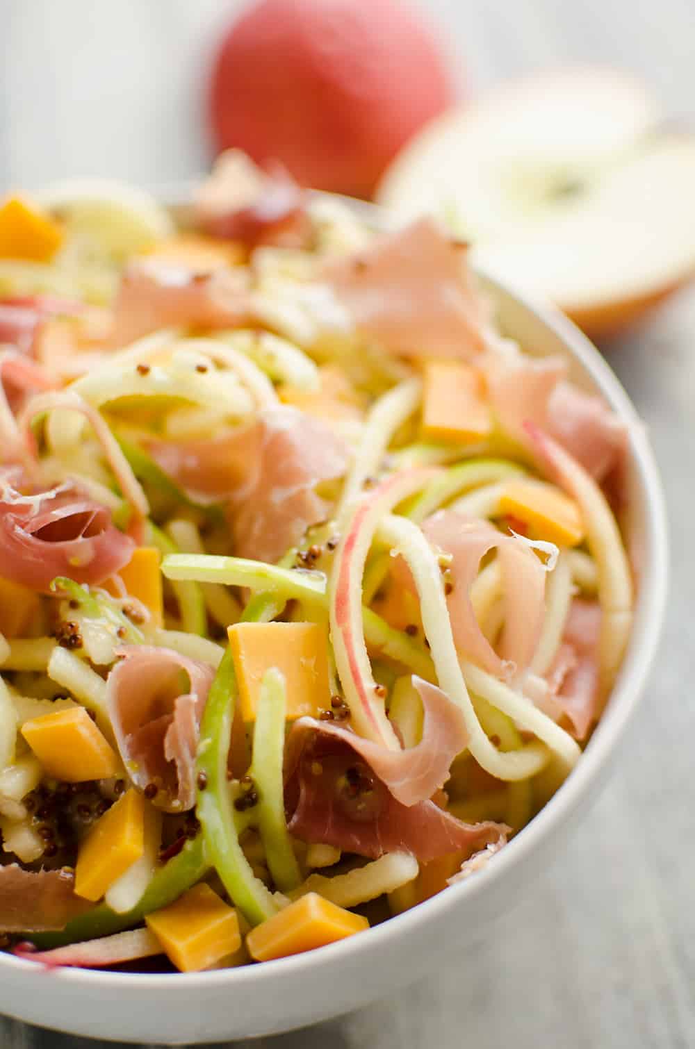 Spiralized Apple, Cheddar & Prosciutto Salad serving