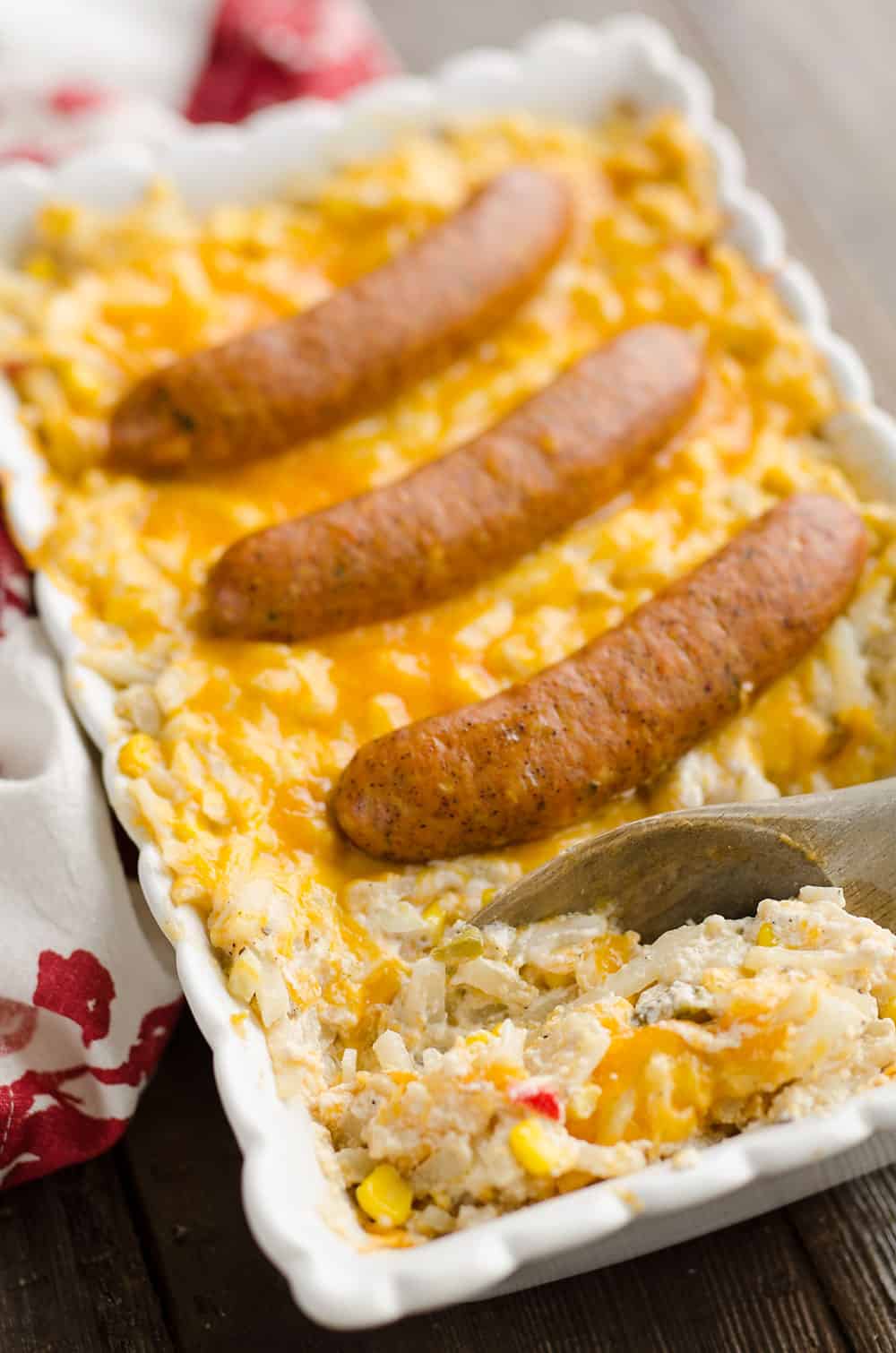 Cheesy Southwest Sausage & Hash Brown Casserole in pan
